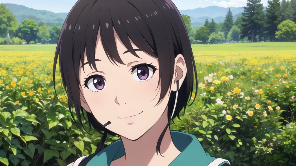 (High resolution, Best Quality, Masterpiece:1.2), (Realistic illustrations), Lo-Fi, Studio Ghibli style, Great colorful, Relaxed girl listening to music with headset, smile, はにかんだsmile, 80's Town, Riding a bicycle