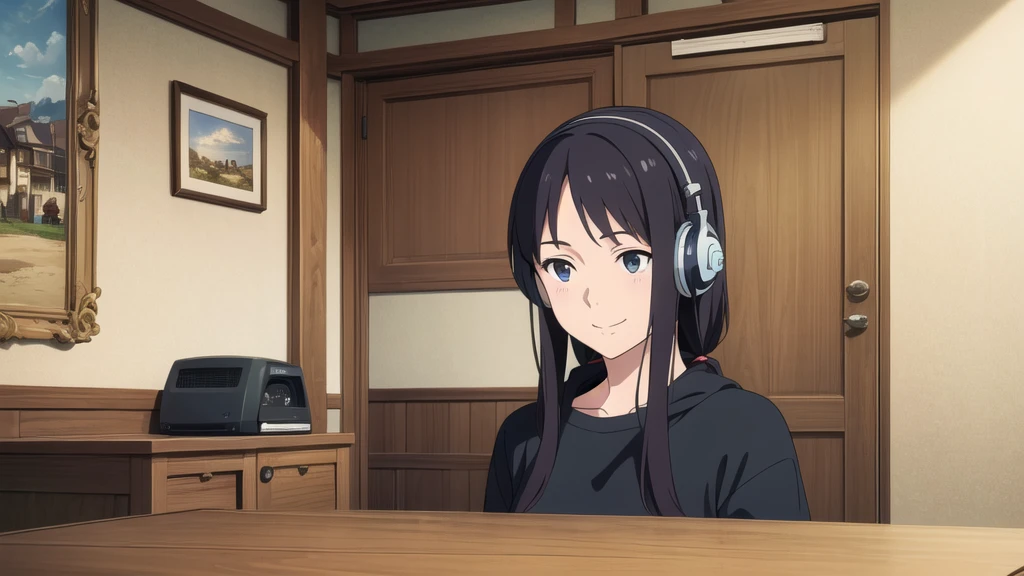(High resolution, Best Quality, Masterpiece:1.2), (Realistic illustrations), Lo-Fi, Studio Ghibli style, Great colorful, Relaxed girl listening to music with headset, smile, はにかんだsmile, 80's Town, Riding a bicycle