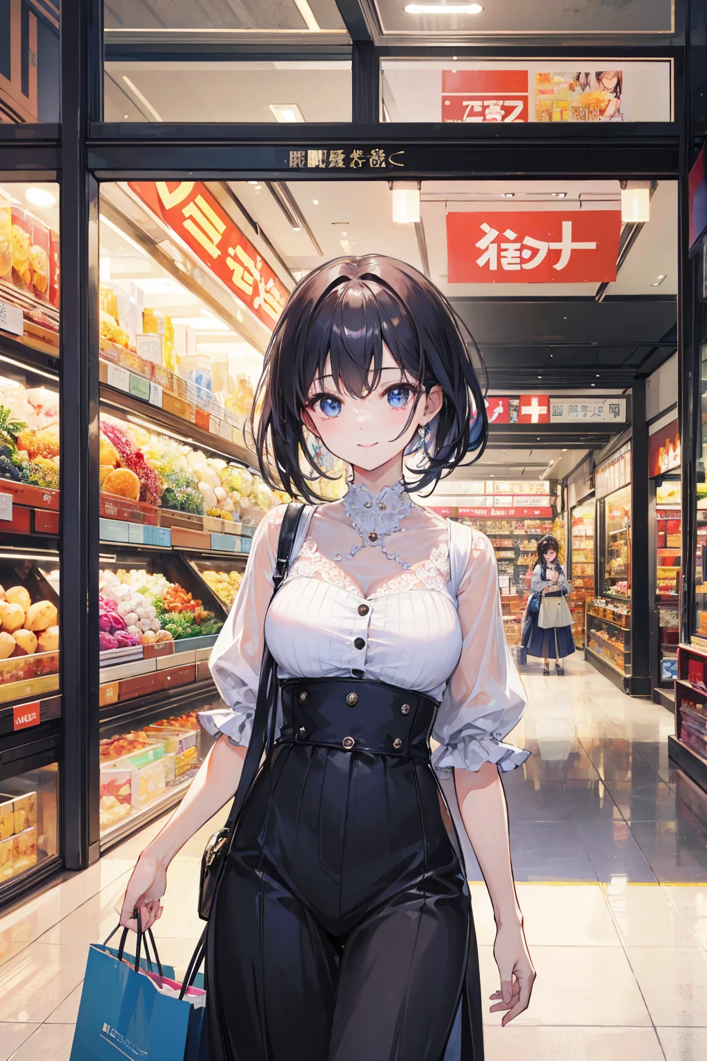 Photorealistic、Highest quality、Highest Resolution、highest quality、8K、1人のBeautiful woman、Beautiful woman、Beautiful woman、shopping、I'm shopping、looks fun、smile、Smile、Upscaling、