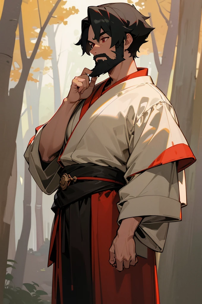 (best quality,4k,8k,highres,masterpiece:1.2),ultra-detailed),black hair,red eyes,strong build,short hair,adult male,stoic,White and Black yukata, Forest background , standing on path , tan skin , goatee facial hair