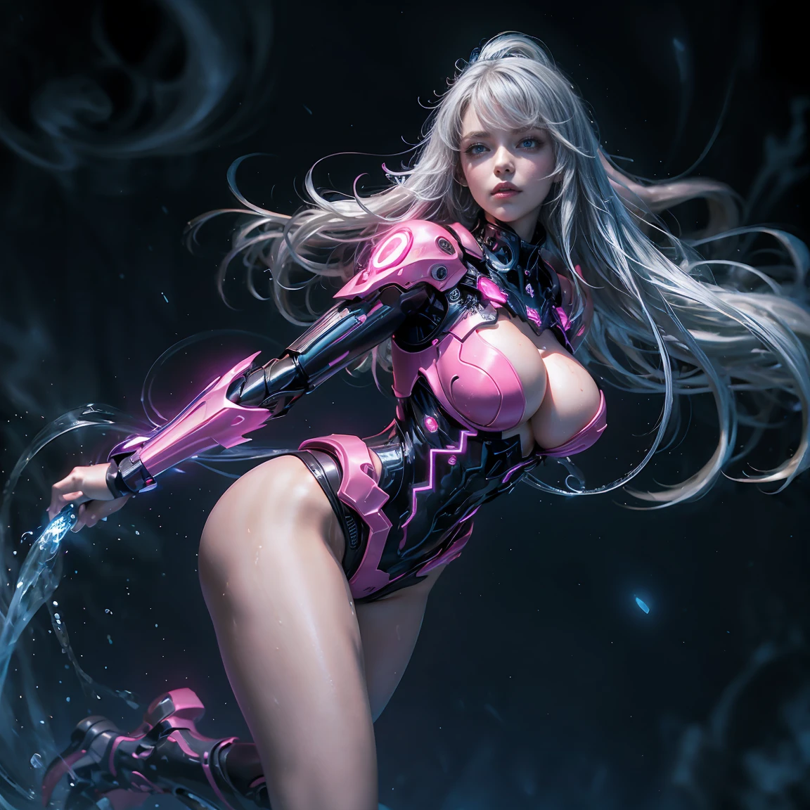 masterpiece, best quality, 1girl, ives , Mecha, beautiful lighting, (Neon light: 1.2), (night: 1.5), "masterpiece, best quality, 1girl, full body portrait, sensual pose, blue eyes, multicolored+silver hair:1.3+red:1.2+purple+yellow:1.3+green:1.3, sculpted legs and tempting curves, full breasts, pretty face, lots of water drops, cloud, Twilight, open shot, Watercolor, Neon light: 1.2, night:1.5, Mecha, beautiful lighting, bright neon light: 1.2, unforgettable mysterious night: 1.5"