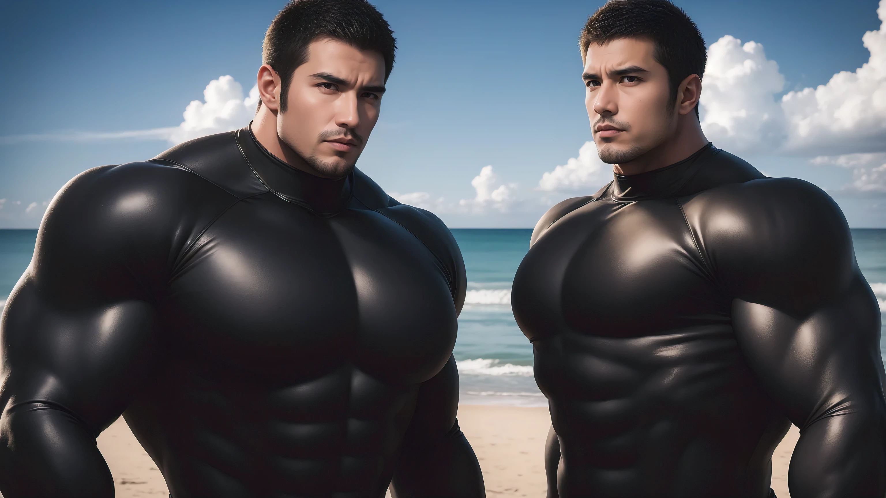 Super muscular man hugging, Open your mouth and scream,Look at each other affectionately,They embrace affectionately,short hair,Beach under the scorching sun, Wear long sleeves, Deep turtleneck bodysuit, Thickened warm elastic texture,Beach by the sea,beautiful landscape,The expression is arrogant, Thick thighs, messy hair, Thick thighs, High-necked long-sleeved dark yellow high-necked tights, very tight, Regular symmetrical pattern, Highlight muscles, Police uniform pants, character concept(Resident Evil - chris redfield, chris redfield)A proud expression, Deep and charming eyes, Valiant male pose, tall Burly, muscular!muscular thighs, Tough Guy, Perfect facial features, High, Burly, Heqiang, Super exquisite and cool, High Resolution Committee, Attractive, The sun is blazing, Dazzling