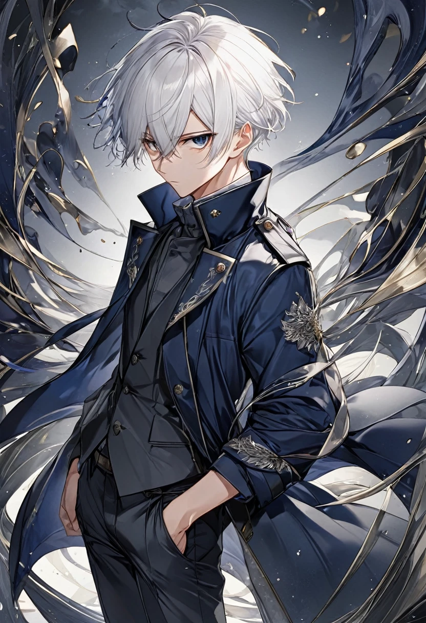 Anime, male, short white hair, dark blue coat, dark grey pants, serious