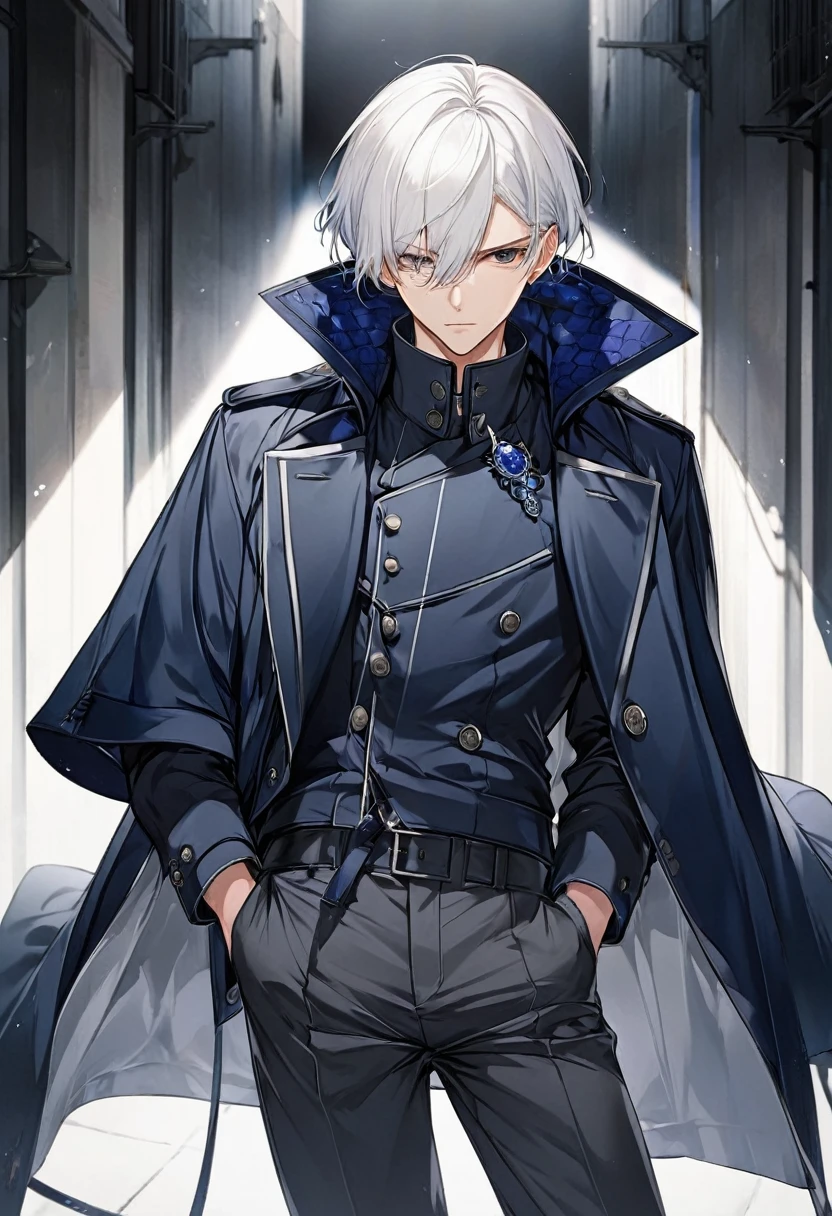 Anime, male, short white hair, dark blue coat, dark grey pants, serious