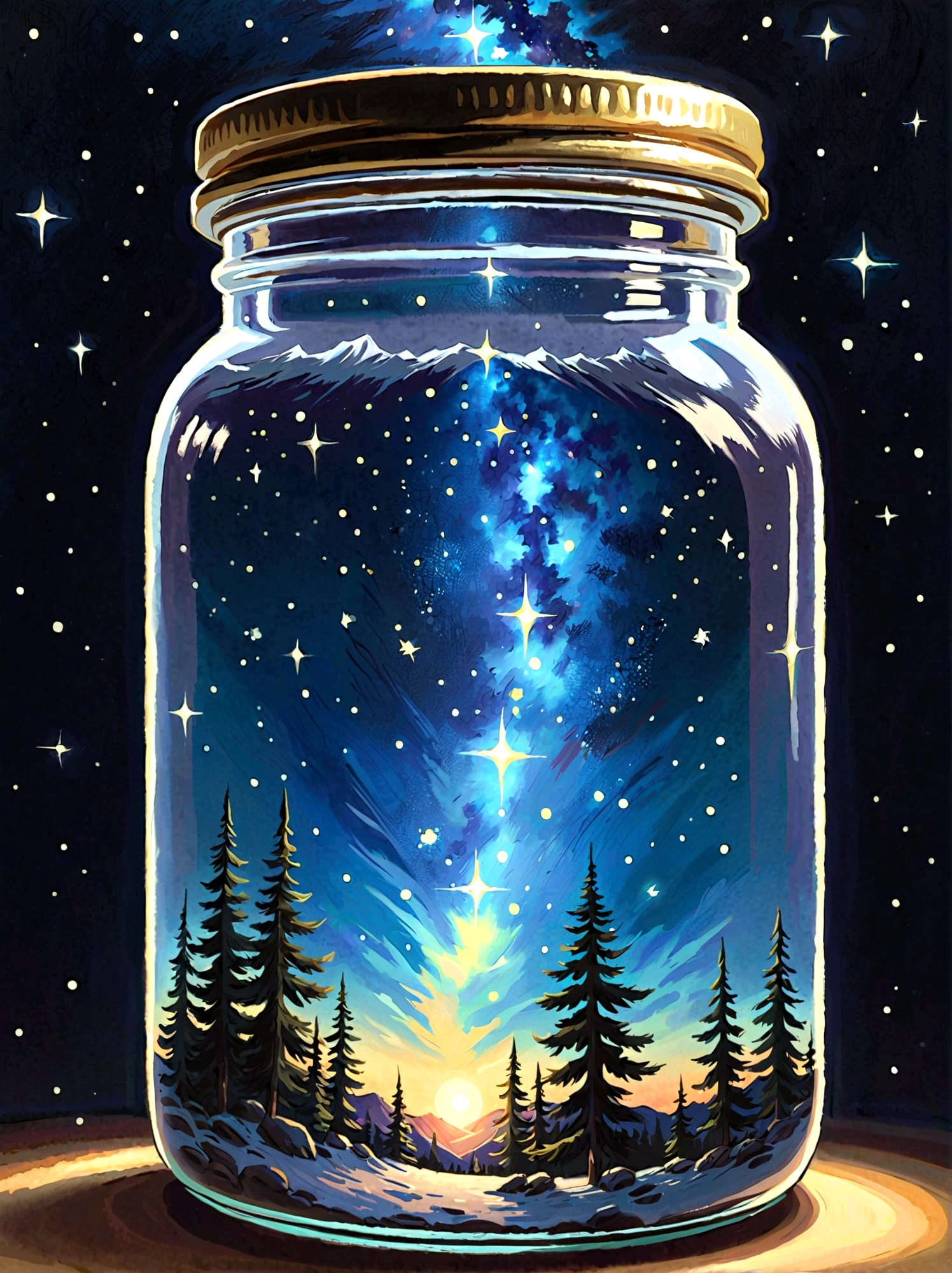 1pzsj1, Masterpiece，Top quality，(Very delicate and beautiful starry sky scenery trapped in a jar), world masterpiece theater, High resolution isometric, Top quality, illustration, Thick coating, canvas, painting, realism, Realism