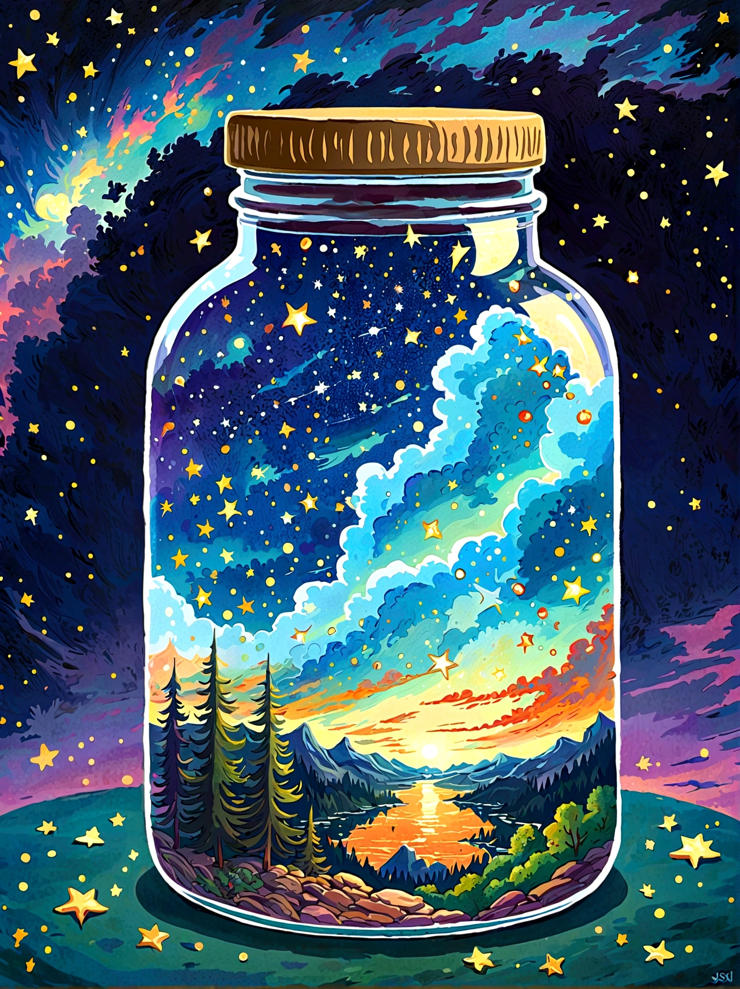 1pzsj1, Masterpiece，Top quality，(Very delicate and beautiful starry sky scenery trapped in a jar), world masterpiece theater, High resolution isometric, Top quality, illustration, Thick coating, canvas, painting, realism, Realism