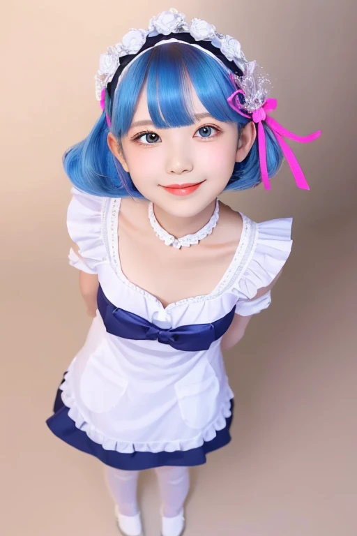 (masterpiece, top-quality;1.3), ultra-detailliert, look at viewr, Kissed face, From above, open open mouth, full body Esbian, show me panties, Remu_Re_Staynight, blue hairs, short-haired, maid's uniform, hair adornments, low-cut, Maid headdress, Ribbon heart-shaped pupil, pink back ground,