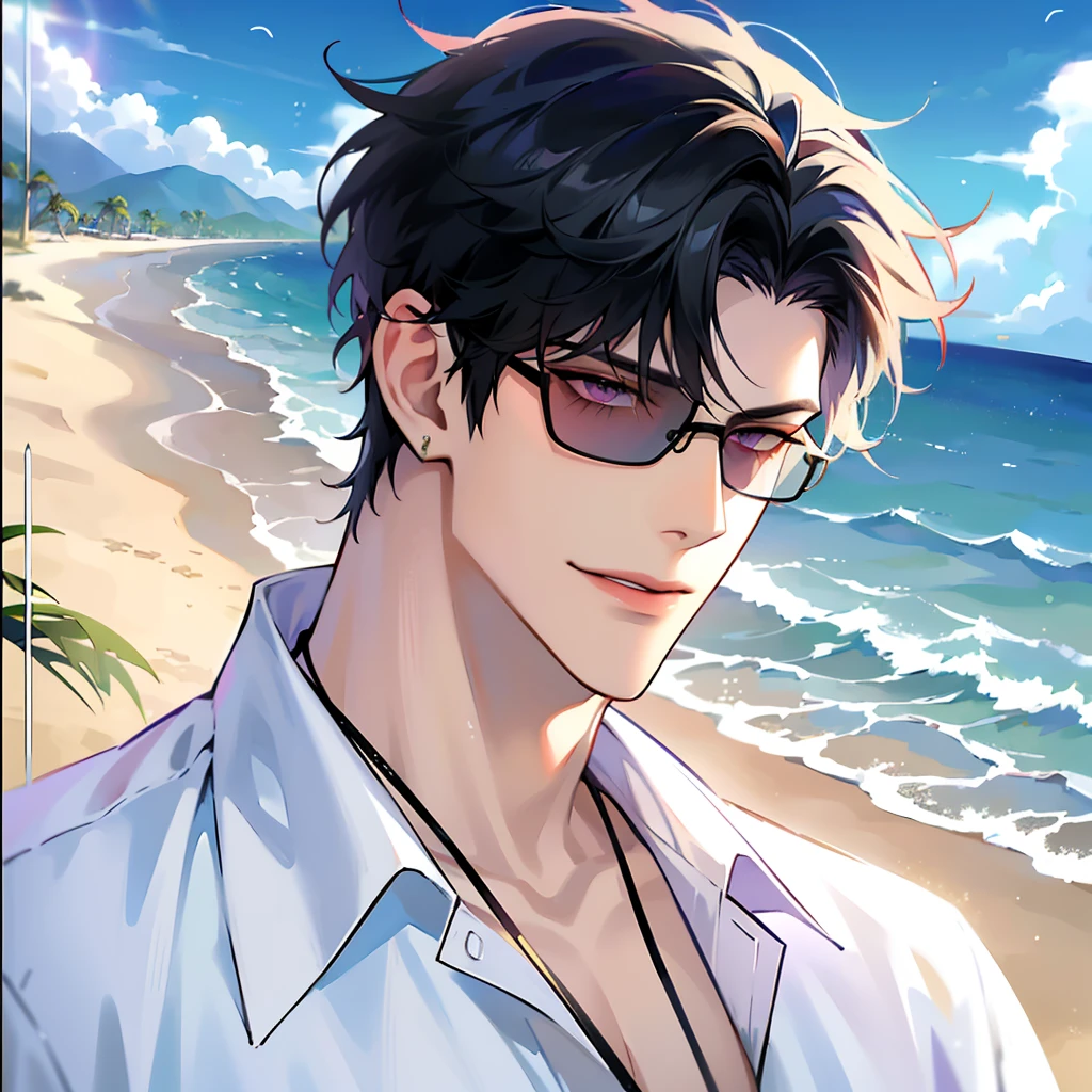 (masterpiece, 4k, high quality:1.3), 1boy, solo, short hair, black hair, asymmetrical fringe, purple eyes, handsome, sharp eyes, (mature male, mature:1.2), male focus, fashionable, open hawaiian shirt, necklace, smile, close up, beach, sand, boats in the background, sunshine, ((sunglasses)), windy