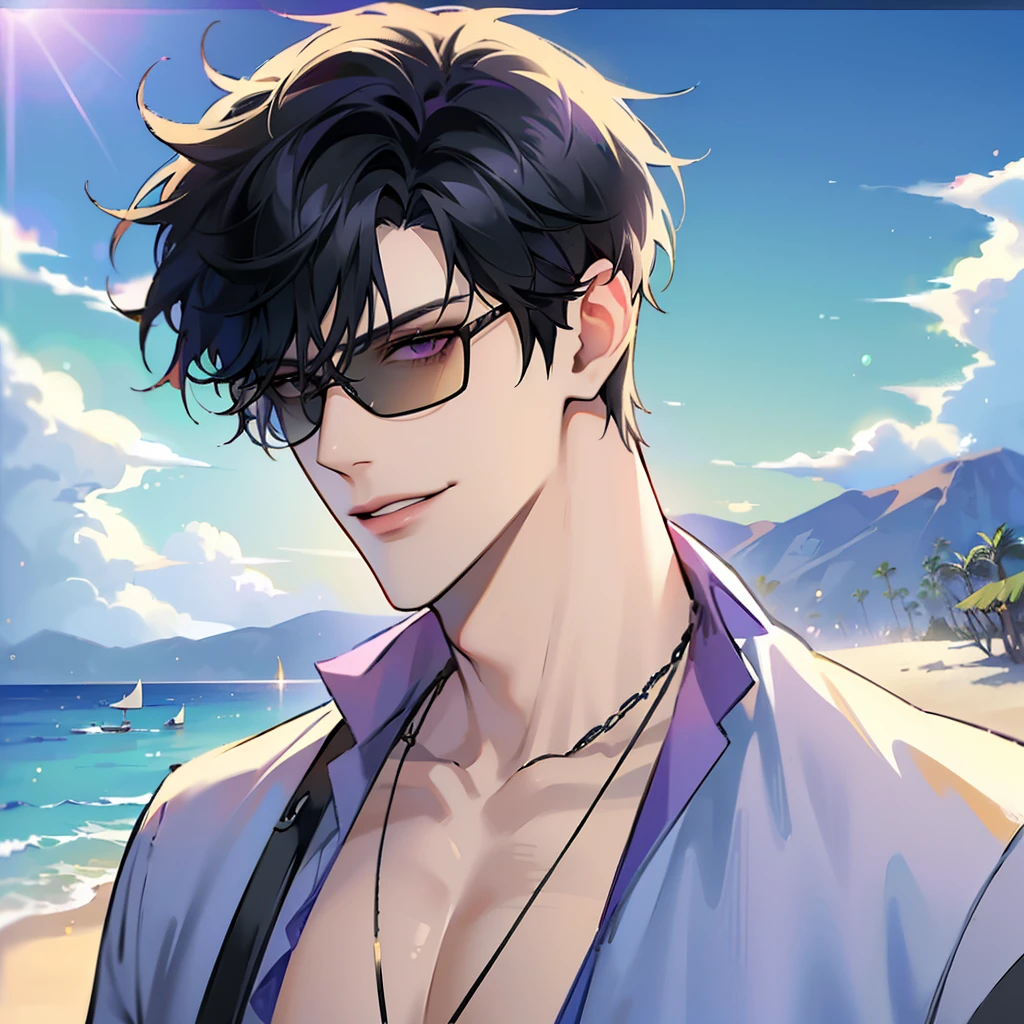 (masterpiece, 4k, high quality:1.3), 1boy, solo, short hair, black hair, asymmetrical fringe, purple eyes, handsome, sharp eyes, (mature male, mature:1.2), male focus, fashionable, open hawaiian shirt, necklace, smile, close up, beach, sand, boats in the background, sunshine, ((sunglasses)), windy
