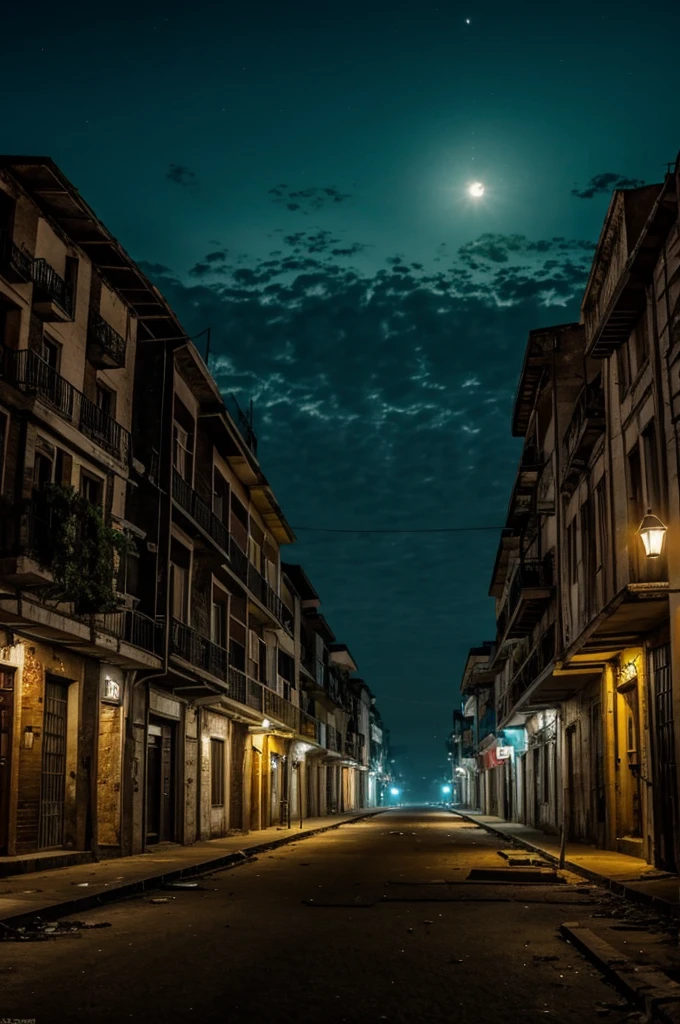 crea una imagen de una ciudad abandonada de noche