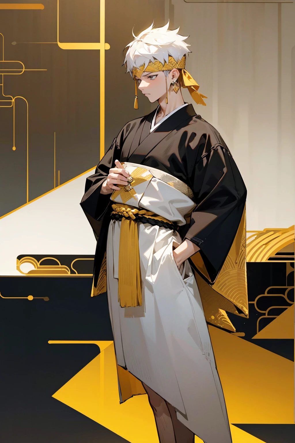 1male, white short hair, faded sides, black and gold headband, serious expression, white haori with geometric design, city background, detailed background, hands to side, standing on path