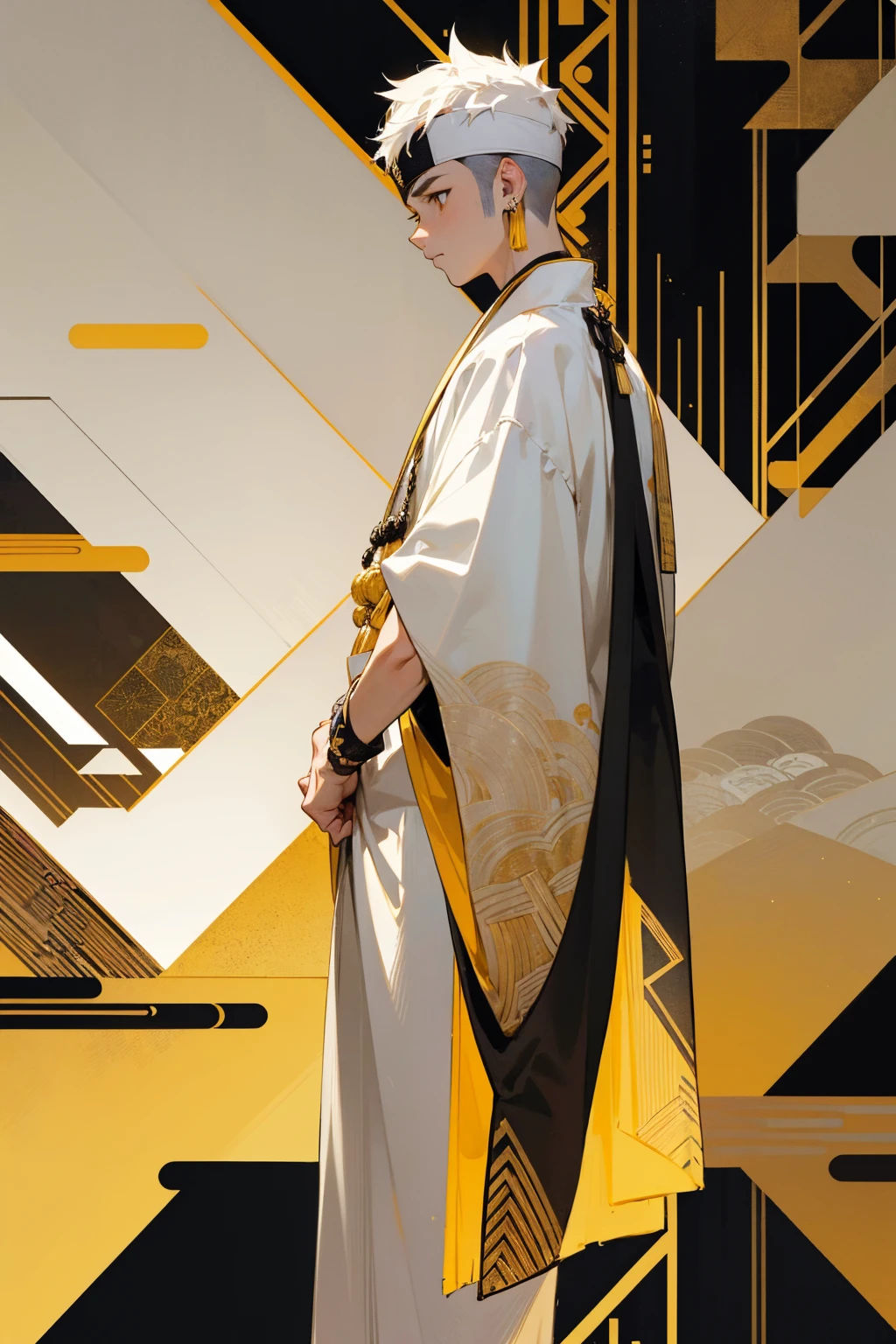 1male, white short hair, faded sides, black and gold headband, serious expression, white haori with geometric design, city background, detailed background, hands to side, standing on path
