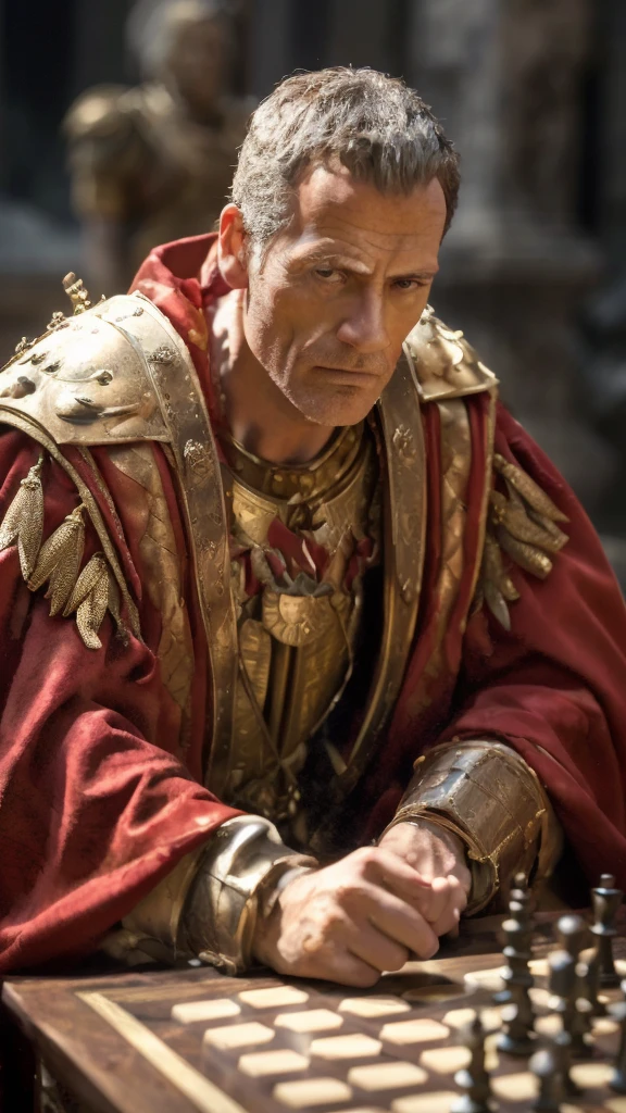 arafed man in armor playing a game of chess, julius caesar, wearing gilded red robes, roman emperor, magneto, inspired by Pogus Caesar, maximus jacobs, inspired by Caesar van Everdingen, portrait shot, caesar, high quality image, christopher lloyd as belial, bryan cranston as thor, arsen lupin as a paladin