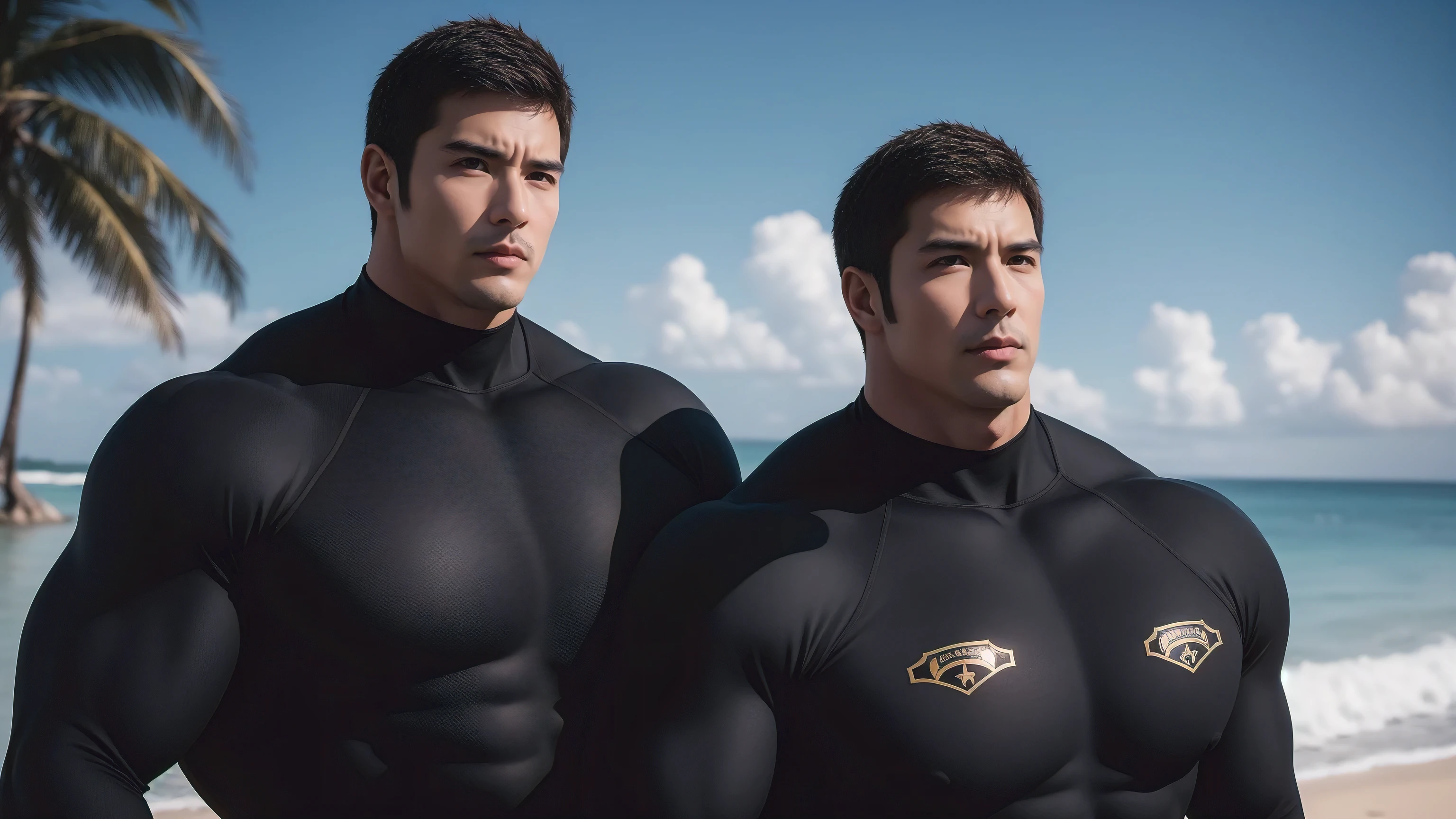 Super muscular man hugging, Open your mouth and scream,Look at each other affectionately,They embrace affectionately,short hair,Beach under the scorching sun, Wear a long-sleeved, deep-layered high-necked wetsuit, Thickened warm elastic texture,Beach by the sea,beautiful landscape,The expression is arrogant, Thick thighs, messy hair, Thick thighs, High-necked long-sleeved dark yellow high-necked tights, very tight, Regular symmetrical pattern, Highlight muscles, Police uniform pants, character concept(Resident Evil - chris redfield, chris redfield)A proud expression, Deep and charming eyes, Valiant male pose, tall Burly, muscular!muscular thighs, Tough Guy, Perfect facial features, High, Burly, Heqiang, Super exquisite and cool, High Resolution Committee, Attractive, The sun is blazing, Dazzling