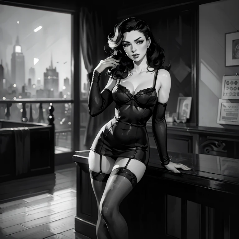 (glamour pose), pinup, filmnoir1944, 1940s style,(monochrome).(rule of thirds),((hyper-realistic illustration:1.4)) Beautiful 19 yo woman, black hair, large natural breasts, 1940s fashion, mascara, lipstick, ((lingerie)), stockings, high heels. dark mood, single light source, wide angle shot, dark city, film grain. Masterpiece, best quality(highly detailed:1.2),(detailed face and eyes:1.2), depth of field, 8k wallpaper, natural lighting, core shadows, high contrast, bokeh.