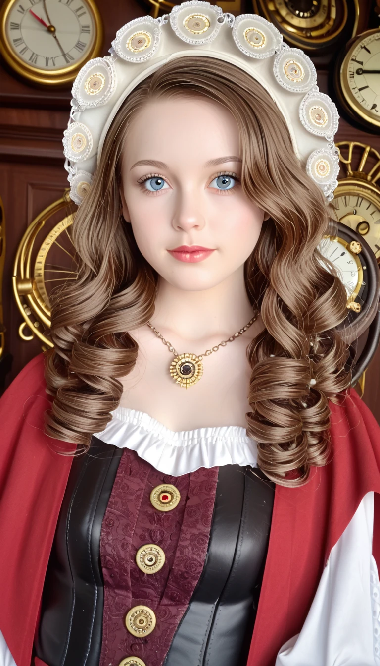close up, Straight blond short curly hair child girl little red riding hood, Clock on necklace, (Victorian Era), ((Steampunk)), photography, Work, elegant, meticulous, Gorgeous, Maximum details, Extreme pursuit of aesthetics, Complex details, Lots of gears, Old town background