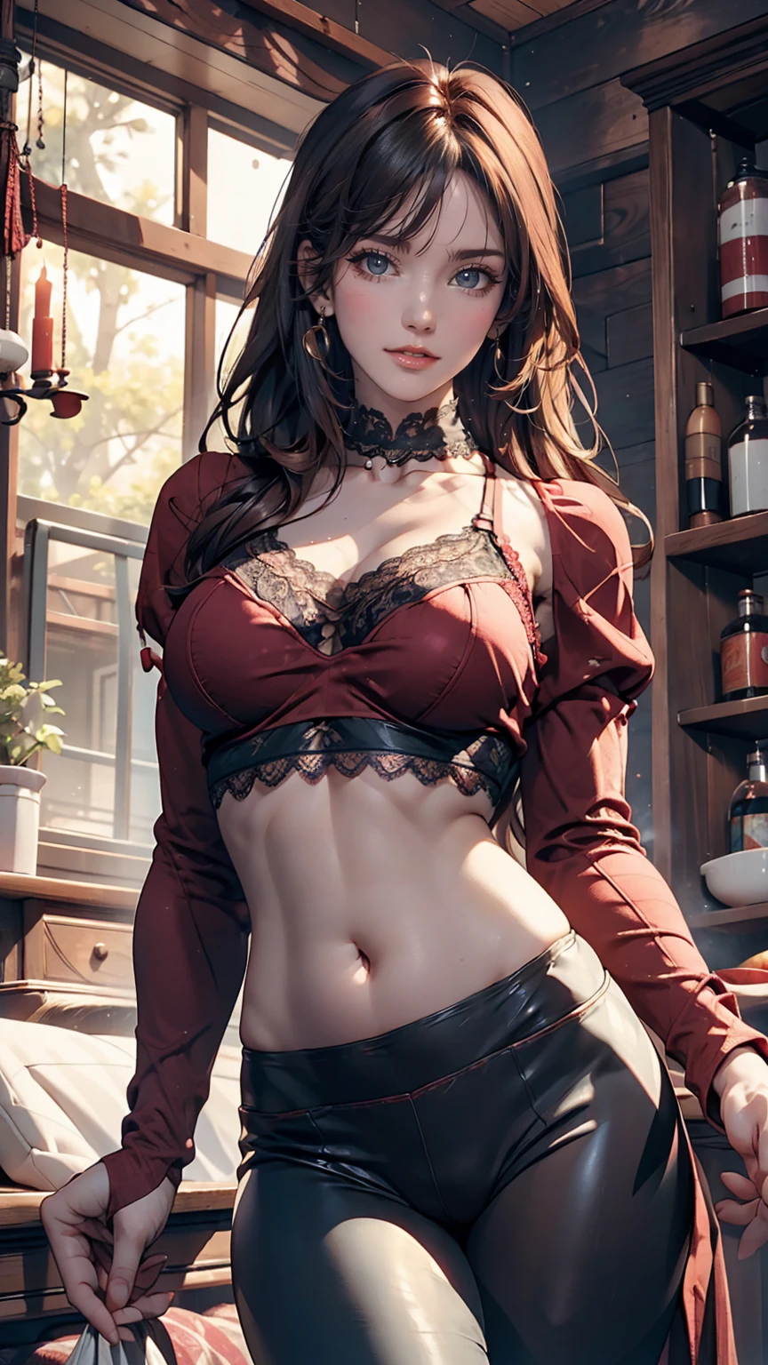 24 year old Caucasian female、Reddish、Sexy proportions、Underboob Top((underboob top))Wear tops、I can see my belly button、Wear low rise leggings、Wear a lace choker、Wear ta hand sleeves on your wrists