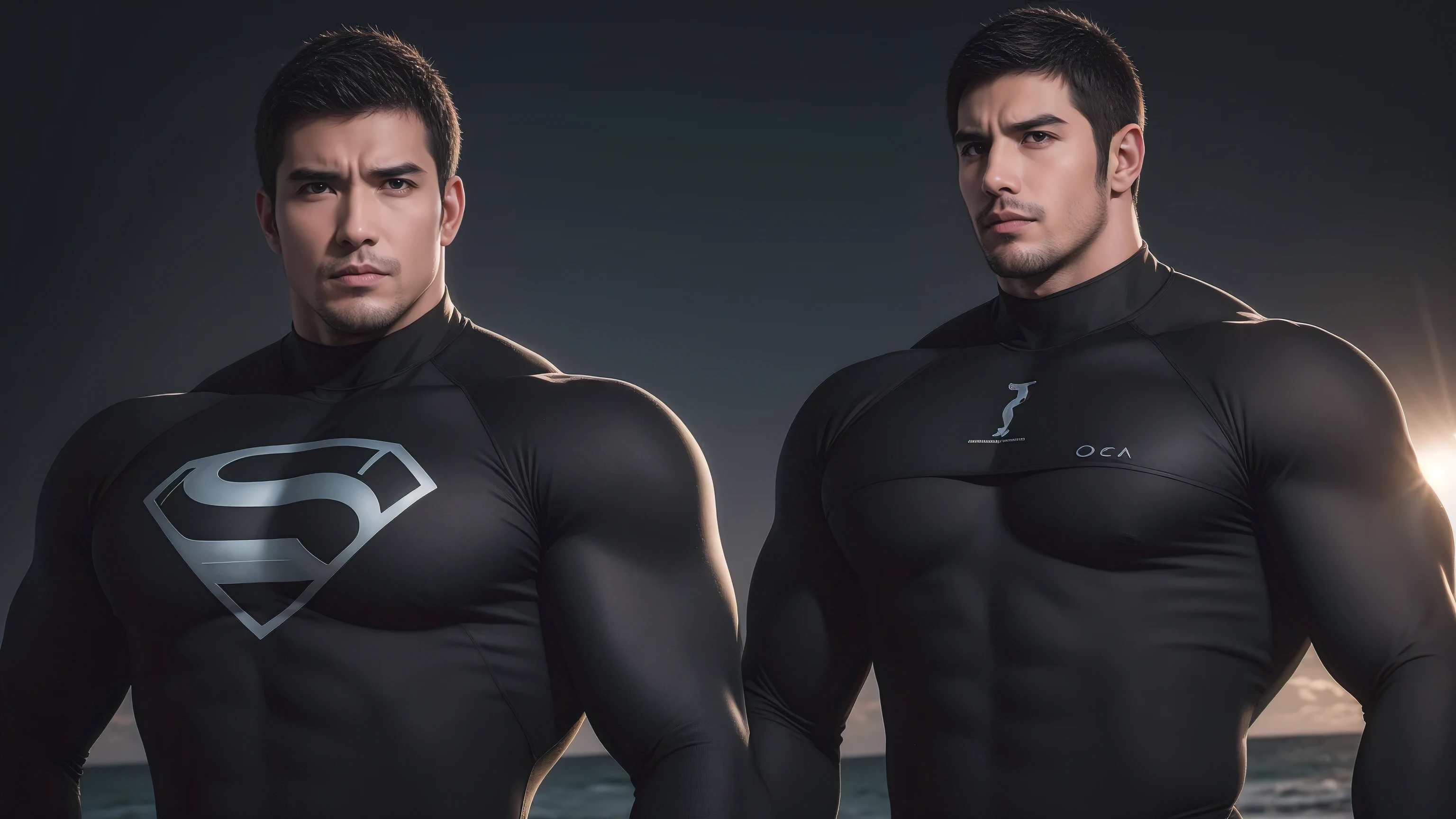 Super muscular man hugging, Open your mouth and scream,Look at each other affectionately,They embrace affectionately,short hair,Beach under the scorching sun, Wear a long-sleeved, deep-layered high-necked wetsuit, Thickened warm elastic texture,Beach by the sea,beautiful landscape,The expression is arrogant, Thick thighs, messy hair, Thick thighs, High-necked long-sleeved dark yellow high-necked tights, very tight, Regular symmetrical pattern, Highlight muscles, Police uniform pants, character concept(Resident Evil - chris redfield, chris redfield)A proud expression, Deep and charming eyes, Valiant male pose, tall Burly, muscular!muscular thighs, Tough Guy, Perfect facial features, High, Burly, Heqiang, Super exquisite and cool, High Resolution Committee, Attractive, The sun is blazing, Dazzling