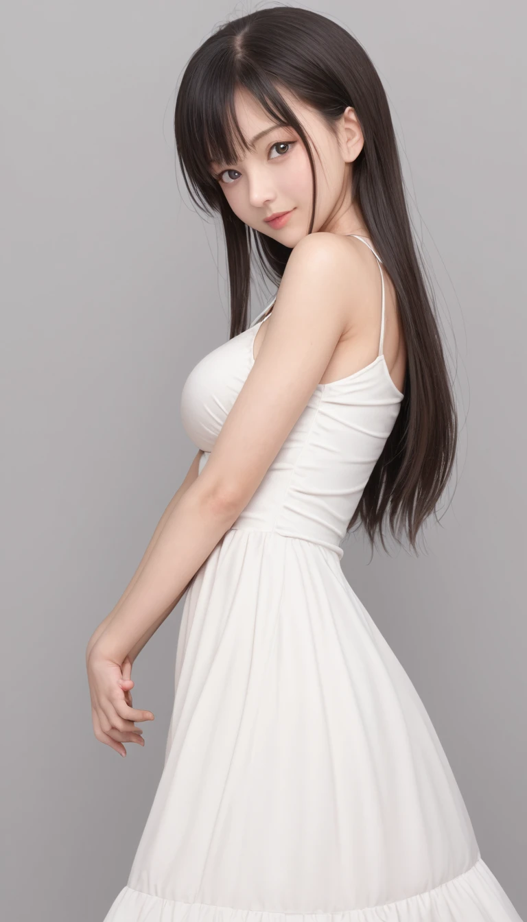 incoming hug, 1girl, solo, grey background, medium breasts, dress,