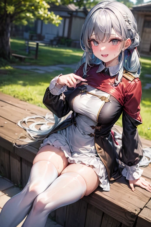 unity 8k wallpaper, anatomically correct, (((masterpiece))), (((highest quality))), (((Super detailed))), (((High resolution))), ((ultimate cutie)), perfect hands, perfect finger, (((excellent anatomy))), detailed beautiful face, shiny hair, (((Improve))), (pot belly), (take up), small breasts, ((thick thighs)), (((alone))), ((enchanting smile)), (((blush))), (half open mouth), ((( against crotch))),Beautiful hands,Beautiful fingers,Detailed finger features,(Detailed hair features:1.7),detailed facial features,detailed clothes features, (perky chest:1.1), (pointed chest:1.3),(double breasted,under bust:1.2), sitting at a table, cute, highest quality visual of a cute girl,eating cakes, ), No sleeve, ((bloomers)), ((Padang juice stain on knee), (elbow pad), (((Sweat))), (((covered in Sweat))), ((deep breath)), in the park, outdoor, lit, looking at the viewer, whole body, (spoken heart)(with sparkling eyes and a contagious smile),her thin pubic hair:1.3, looking at viewer, pose muy sexy"