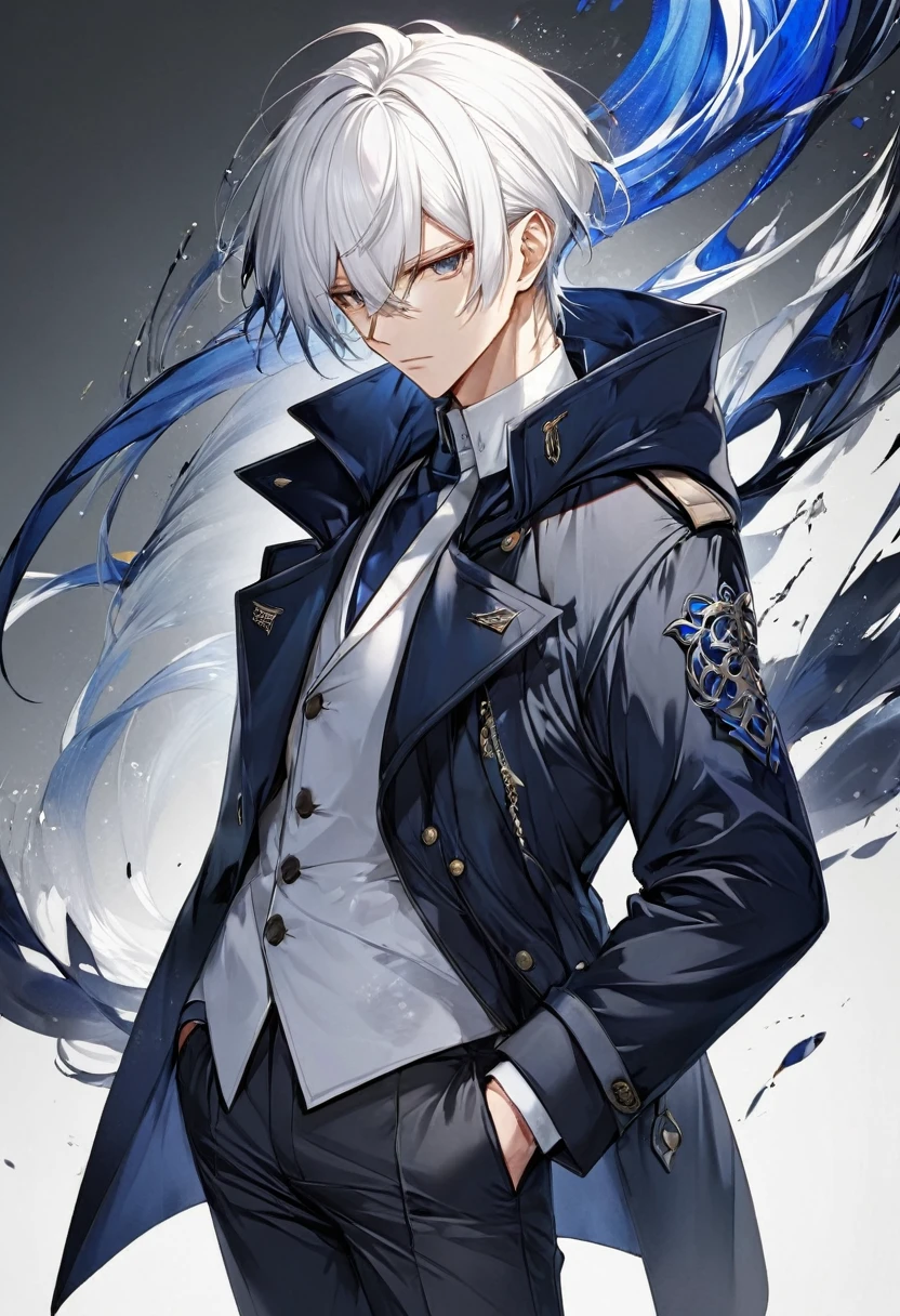 Anime, male, short white hair, dark blue coat, dark grey pants, serious