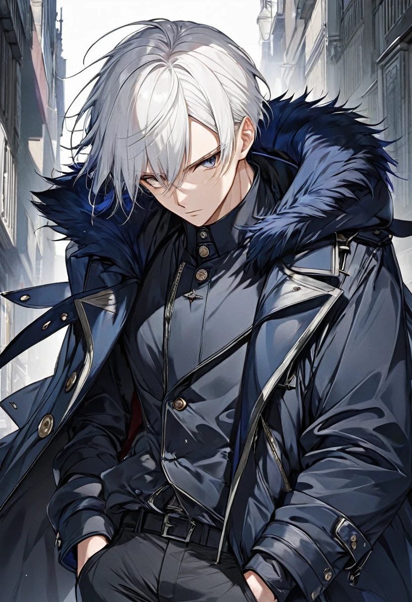 Anime, male, short white hair, dark blue coat, dark grey pants, serious