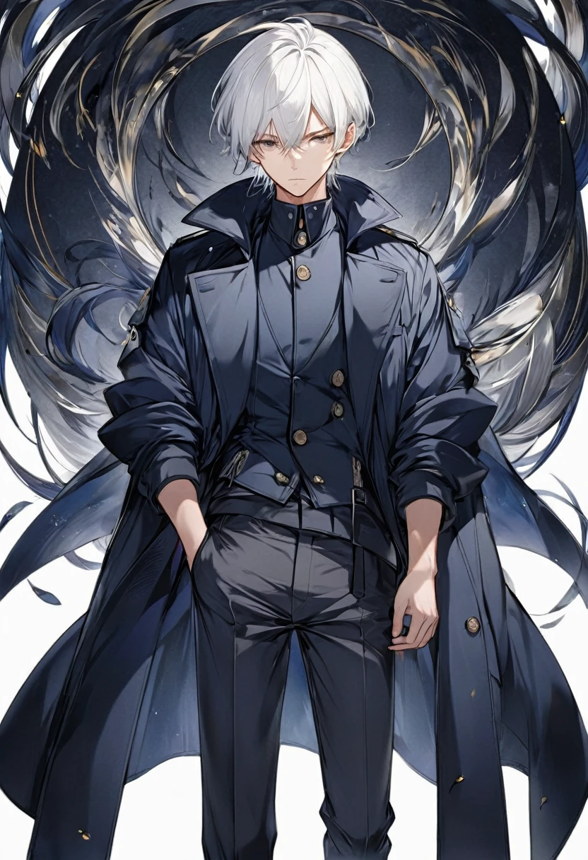 Anime, male, short white hair, dark blue coat, dark grey pants, serious