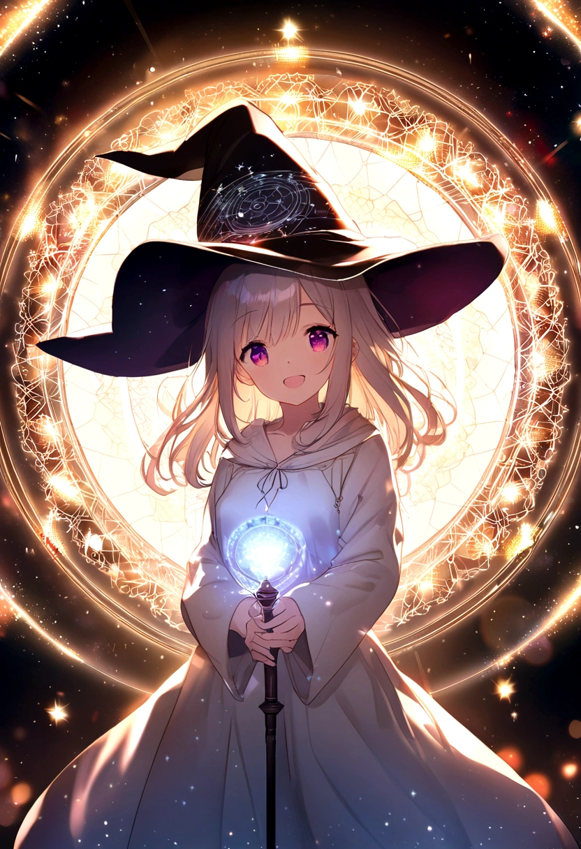 anime, pretty girl, Wizard's Hat, Robe, Retaining the Ancient Staff, Happy, magic circle, Midnight, bloom, Ambient Occlusion, shine, shineing lights, Particles of light, Bokeh, star, Sparkling, transparent, 半transparent