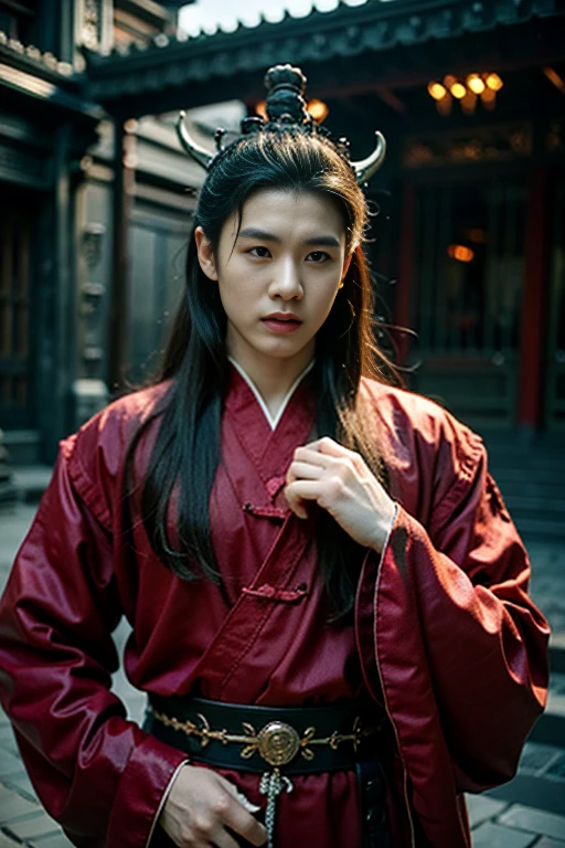 Realistic photography, Handsome Chinese Demon King ,dark castle