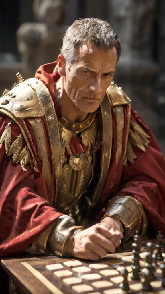 arafed man in armor playing a game of chess, julius caesar, wearing gilded red robes, roman emperor, magneto, inspired by Pogus Caesar, maximus jacobs, inspired by Caesar van Everdingen, portrait shot, caesar, high quality image, christopher lloyd as belial, bryan cranston as thor, arsen lupin as a paladin