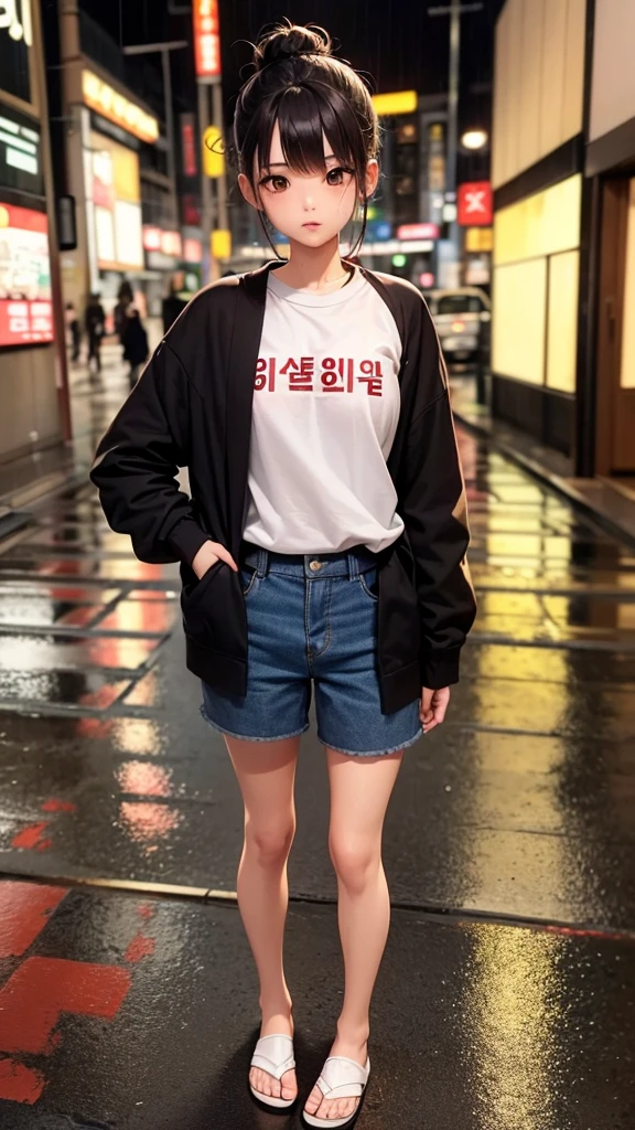 8k,super detailed, ,Korean descent, messy bun hair, tied clothes, long sleeves, Korean style hot pants, one leg raised, in Tokyo city at night on a rainy night, all his body was wet