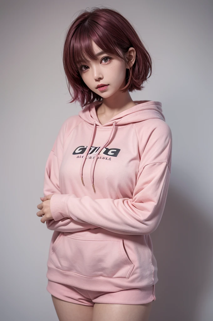 masterpiece, high_quality, 1girl, short_hair, pink_hair, hoodie, cap, black_shorts, medium_breast, mature_woman, simple_background