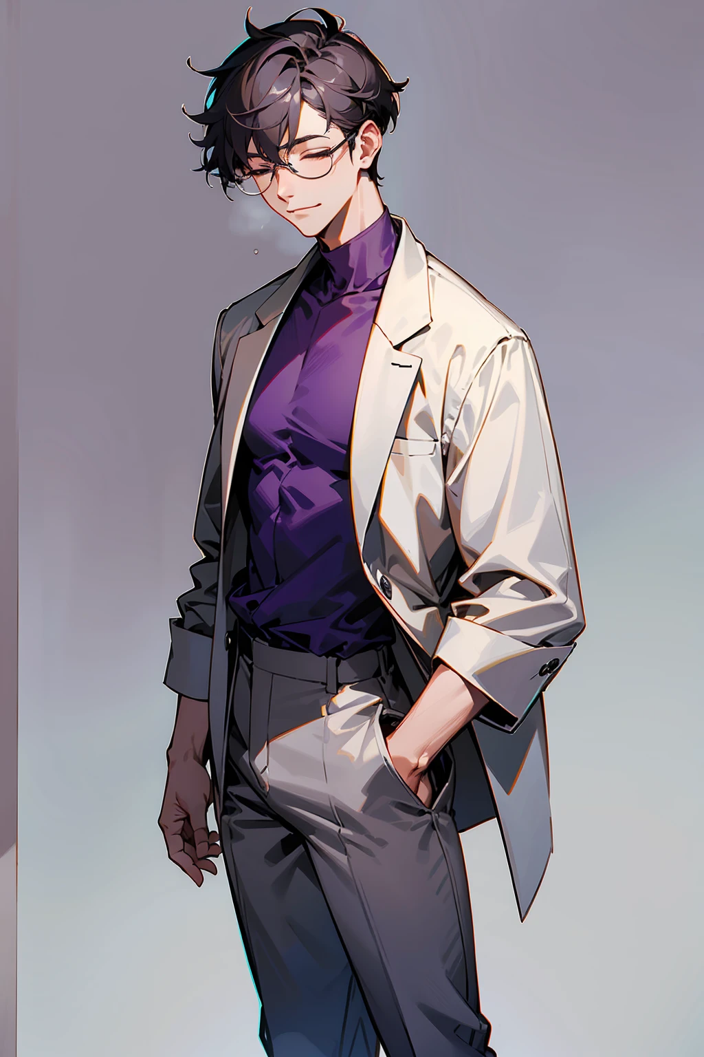 1male, Young Adult, Dark Purple, Eyes Closed, Short Hair, Grey Pants, Grey Lab Coat, Dojo Background, , Slight Smile, Glasses, Standing In City, Detailed background