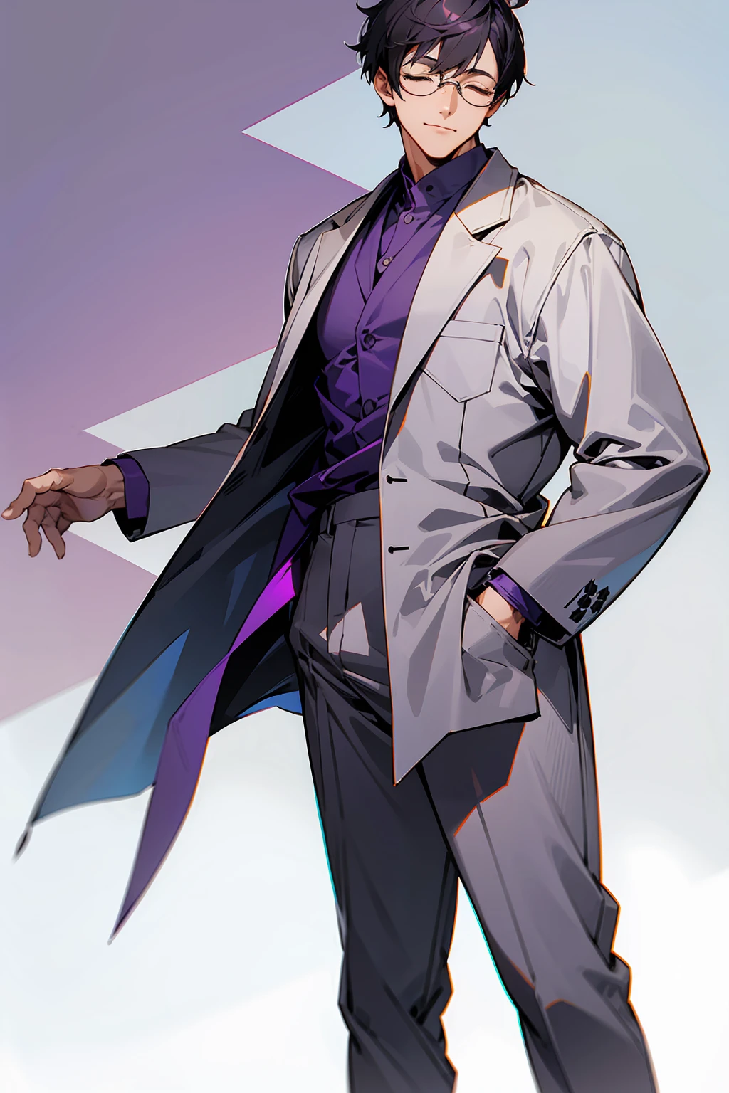 1male, Young Adult, Dark Purple, Eyes Closed, Short Hair, Grey Pants, Grey Lab Coat, Dojo Background, , Slight Smile, Glasses, Standing In City, Detailed background