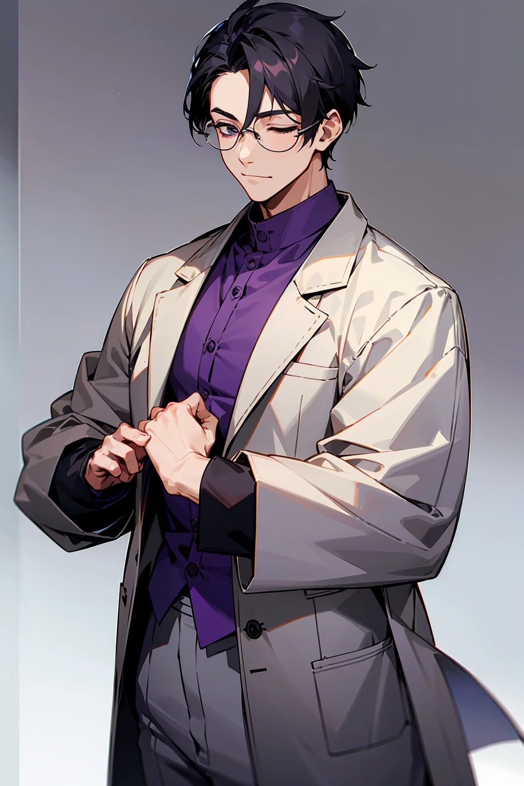 1male, Young Adult, Dark Purple, Eyes Closed, Short Hair, Grey Pants, Grey Lab Coat, Dojo Background, , Slight Smile, Glasses, Standing In City, Detailed background