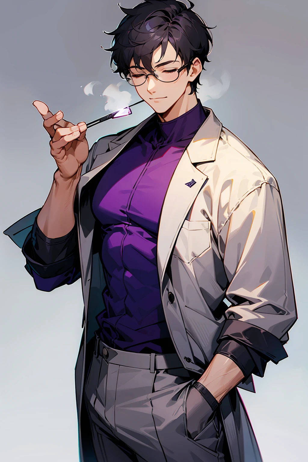 1male, Young Adult, Dark Purple, Eyes Closed, Short Hair, Grey Pants, Grey Lab Coat, Dojo Background, , Slight Smile, Glasses, Standing In City, Detailed background