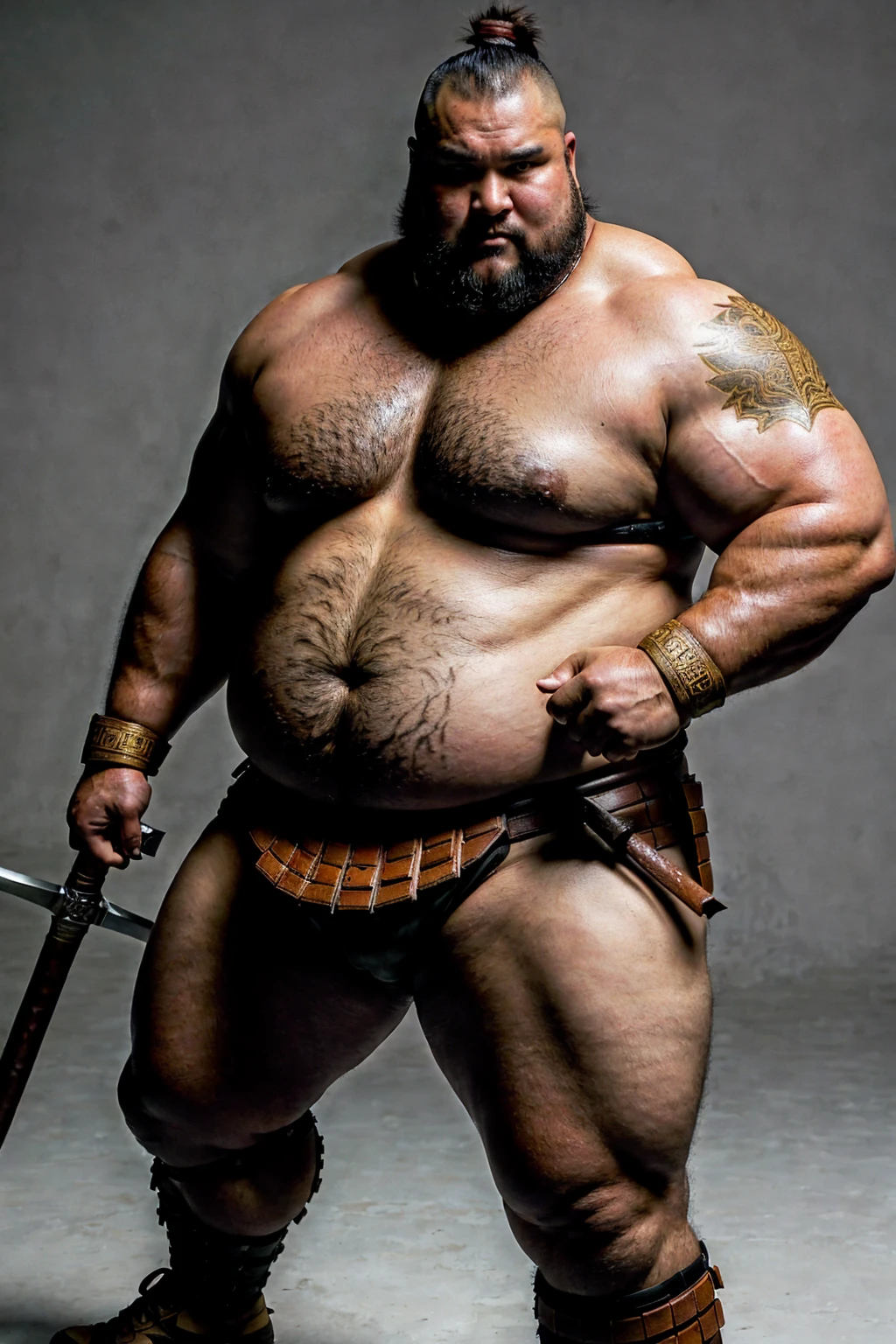 looking at us, Staring Intently, face focus, a fat gentle barbarian:2, This barbarian is a robust stocky Japanese:2, He is a Japanese male, mid combat, leather armor, legs exposed from thighs to feet, fierce, battleground background, masterpiece, volumetric lighting, Dramatic,  ((ultra sharp)), ((masterpiece)), ((best quality)), ((ultra detailed)), ((intricate details)), 