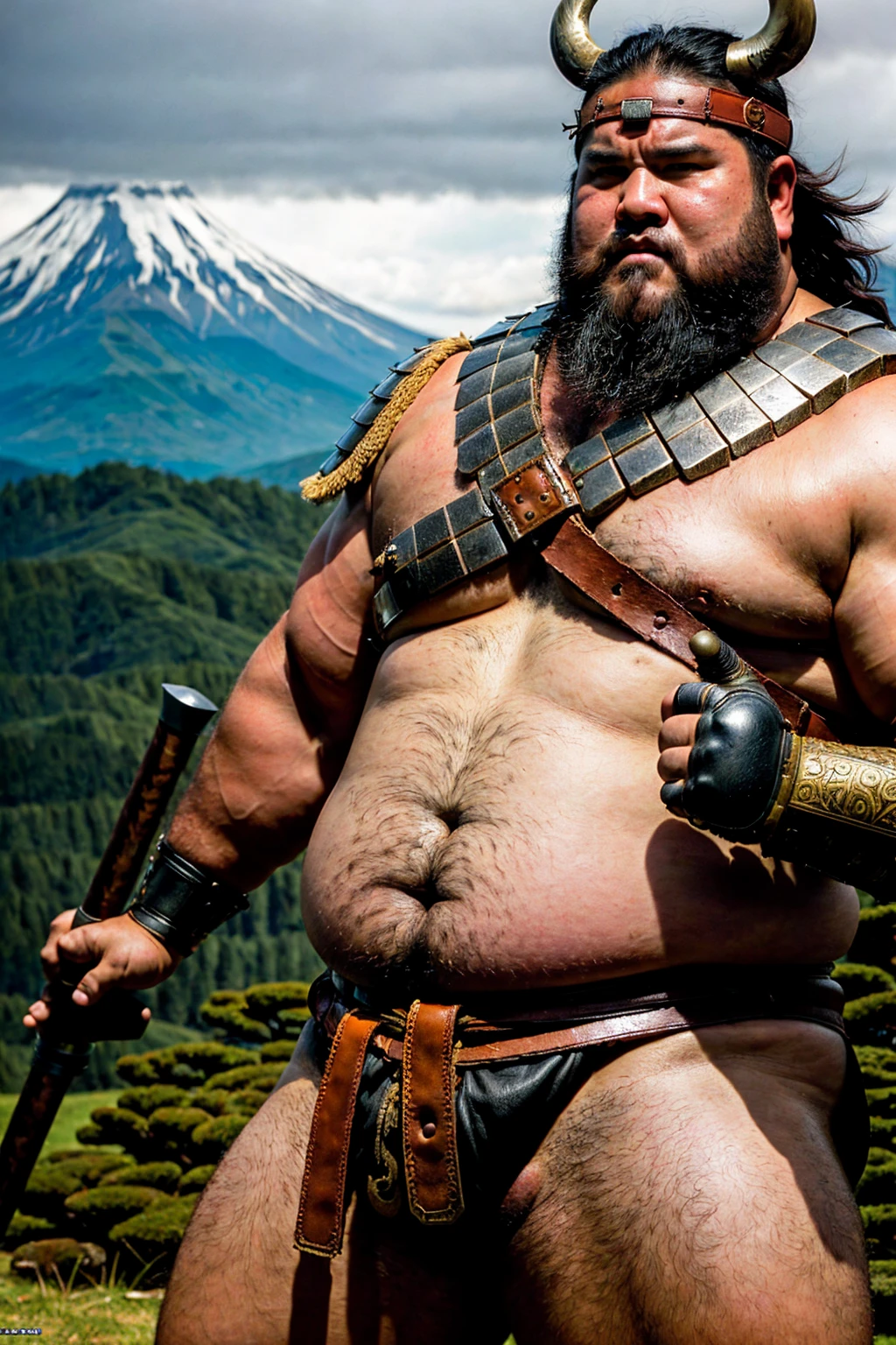looking at us, Staring Intently, face focus, a fat gentle barbarian:2, This barbarian is a robust stocky Japanese:2, He is a Japanese male, mid combat, leather armor, legs exposed from thighs to feet, fierce, battleground background, masterpiece, volumetric lighting, Dramatic, ((ultra sharp)), ((masterpiece)), ((best quality)), ((ultra detailed)), ((intricate details)),