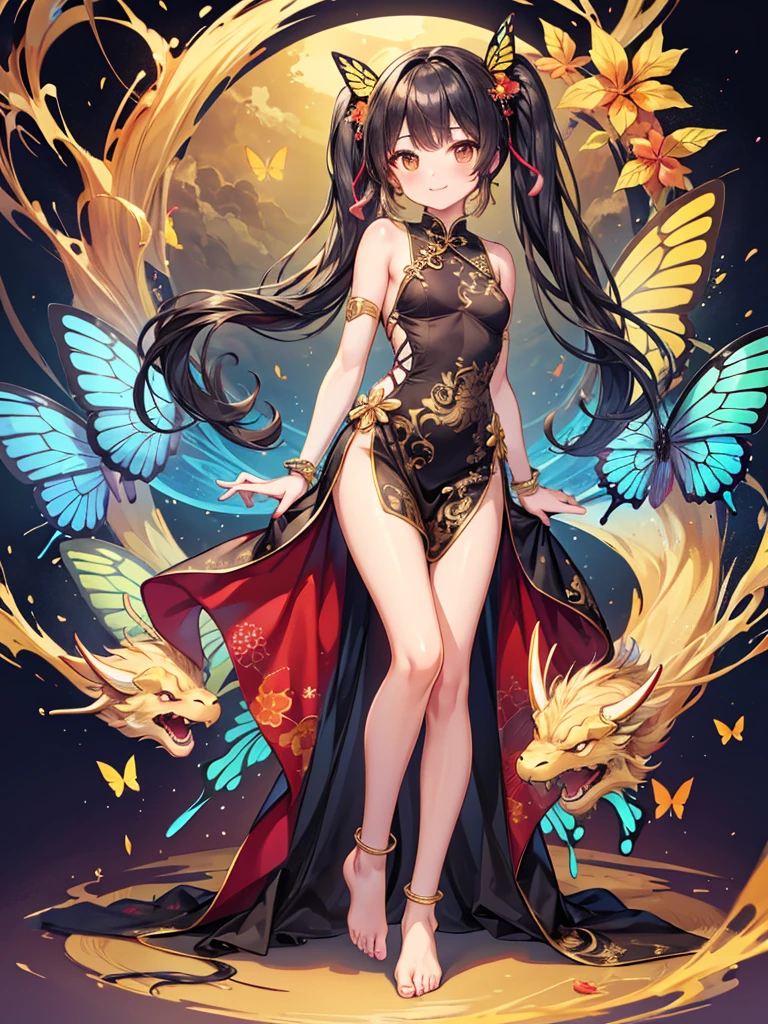 One girl, (Miyu / Edelfeld), change, black hair, brown eyes, fascinating smile, browsing attention, barefoot, see-through dress, butterfly, butterfly hair ornament, dress with open back, Chinese clothes, Sleeveless, Double Good, Golden Dragon Print, Barefoot, Elbow Gloves, Hair Bang, Hair Ornament, Jewelry, I 1 Ring, Anklet, Slender Legs, Manicure, Small Breasts, Toe manicure, toenail, toe, twin tail alone