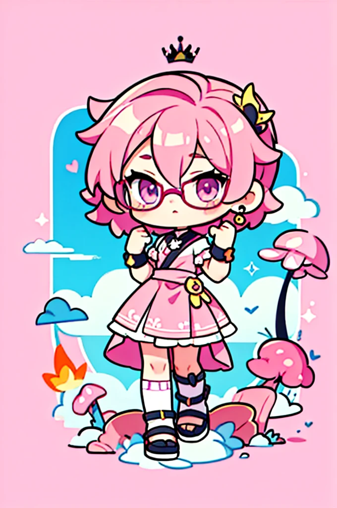 man ,Short haircut ,cartoon girl with pink hair and glasses wearing a crown, ((pink)), Official fan art, The delicate androgynous prince, anime moe art style, beautiful androgynous prince, cute art style, Chibi style, 🍁 cute, Kawaii Chibi, ❤🔥🍄🌪, Chibi Art, Fan Art Demon Slayer Rui, cute character, Maple character art, High quality fan art