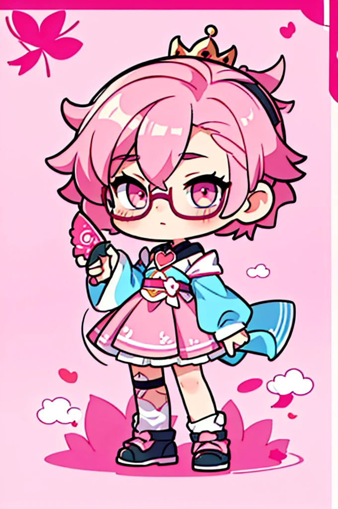 man ,Short haircut ,cartoon girl with pink hair and glasses wearing a crown, ((pink)), Official fan art, The delicate androgynous prince, anime moe art style, beautiful androgynous prince, cute art style, Chibi style, 🍁 cute, Kawaii Chibi, ❤🔥🍄🌪, Chibi Art, Fan Art Demon Slayer Rui, cute character, Maple character art, High quality fan art