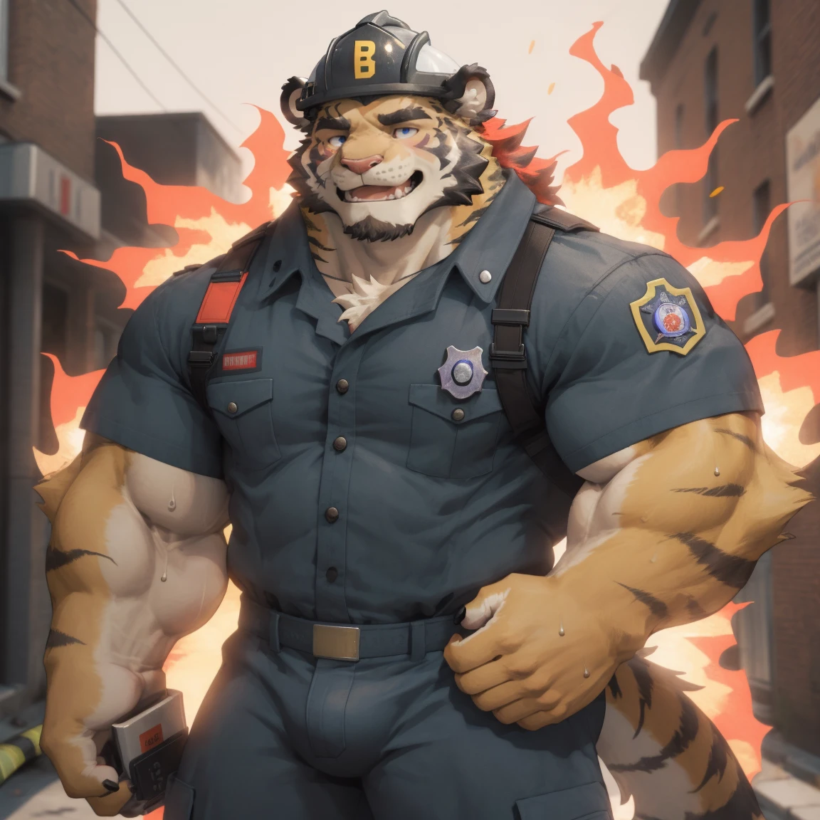 masterpiece, best quality, 8k resolution, Very detailed, hairy,tiger,((red hair)),muscle,Strong,超大muscle,((Sweating)),(((Purple Eyes))),For the audience,(((firefighter clothing))),portrait,(((helmet))),(Highest quality scene),(((fire truck))),on the street,(((smiling))),(((Hip bulge))),(((Cunning)),(((Blushing))),((Solitary)),((whole body)),(((yellow fur)))
