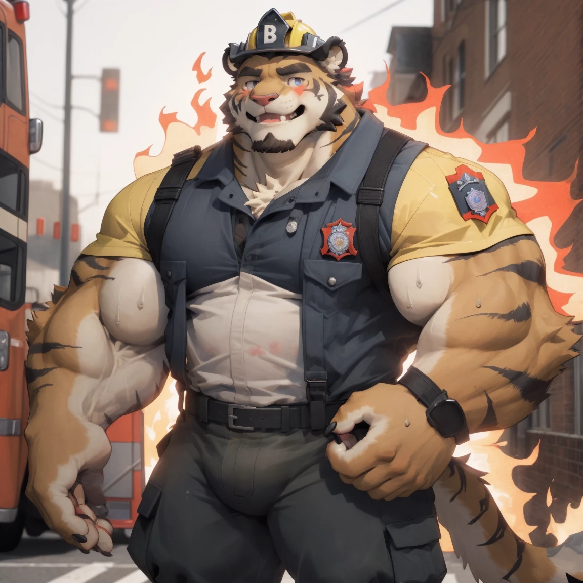 masterpiece, best quality, 8k resolution, Very detailed, hairy，tiger，((red hair))，muscle，Strong，超大muscle，((Sweating))，(((Purple Eyes)))，For the audience，(((firefighter clothing)))，portrait，(((helmet)))，(Highest quality scene)，(((fire truck)))，on the street，(((smiling)))，(((Hip bulge)))，(((Cunning))，(((Blushing)))，((Solitary))，((whole body))，(((yellow fur)))