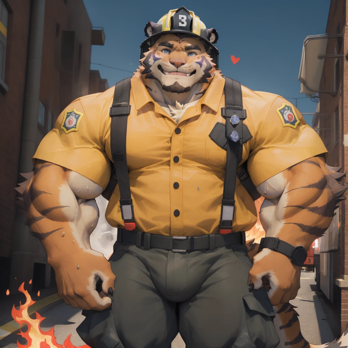 masterpiece, best quality, 8k resolution, Very detailed, hairy,tiger,((red hair)),muscle,Strong,超大muscle,((Sweating)),(((Purple Eyes))),For the audience,(((firefighter clothing))),portrait,(((helmet))),(Highest quality scene),(((fire truck))),on the street,(((smiling))),(((Hip bulge))),(((Cunning)),(((Blushing))),((Solitary)),((whole body)),(((yellow fur)))
