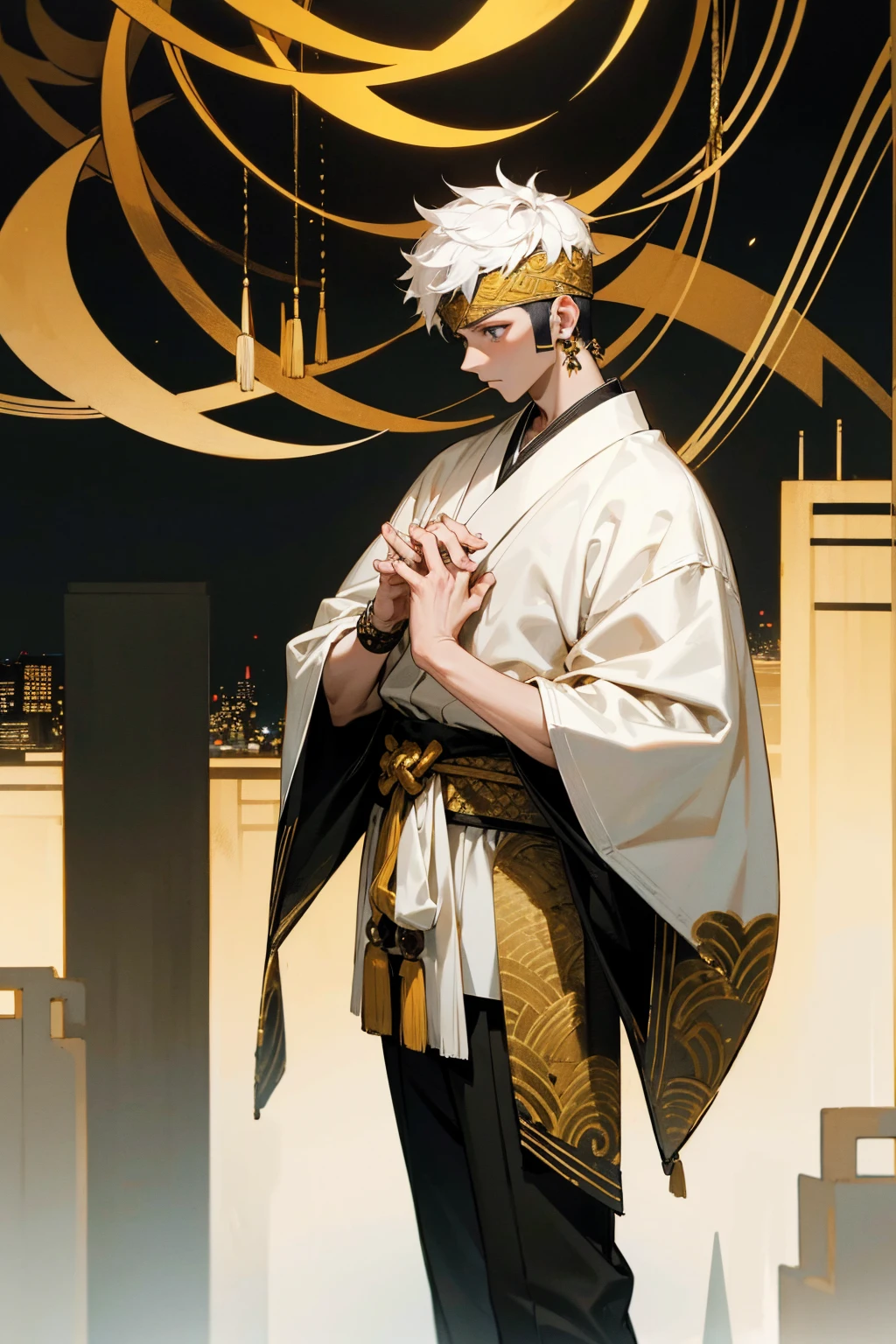 1male, white short hair, faded sides, black and gold headband, serious expression, white haori with designs, (city background), detailed background, hands to side, standing on path