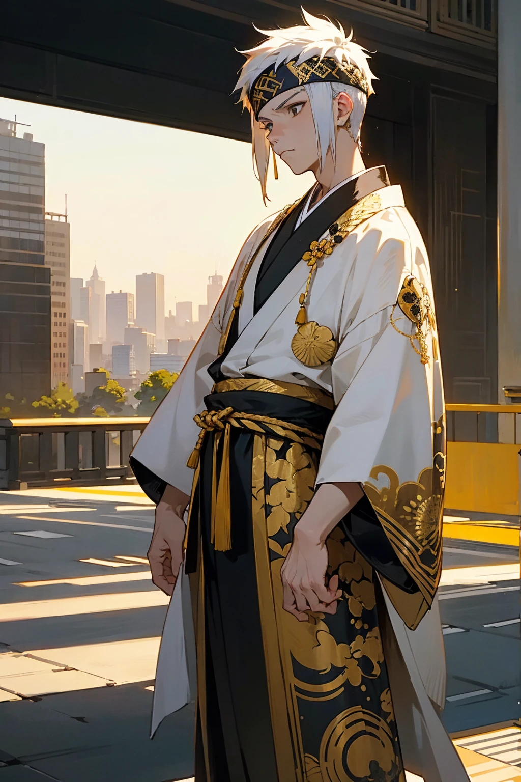 1male, white short hair, faded sides, black and gold headband, serious expression, white haori with designs, (city background), detailed background, hands to side, standing on path