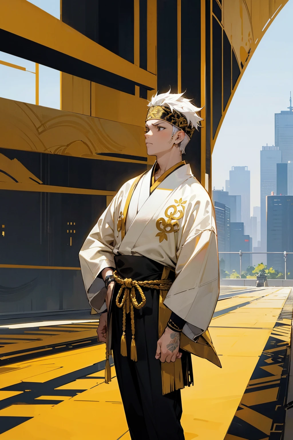 1male, white short hair, faded sides, black and gold headband, serious expression, white haori with designs, (city background), detailed background, hands to side, standing on path