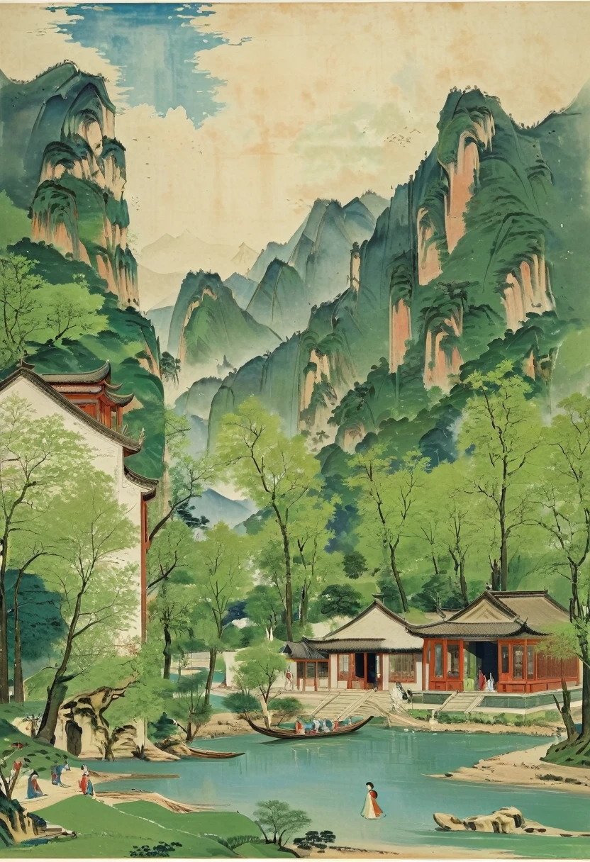 The large green and blue painting depicts the spring scenery by the river,The mountains are high，The trees are verdant. The houses with red pillars and green tiles in the woods at the foot of the mountain were crowded with people.. The river is sparkling，the vastness. Several people stopped on the shore to enjoy the scenery.,A bright spring day、scene,