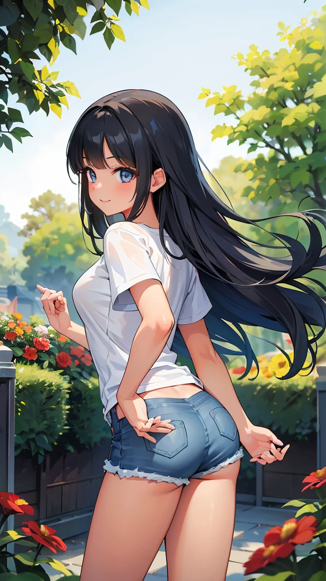 (8K, Live shooting, best quality, muste piece: 1.2), High-definition RAW color photo, Professional photography, cinematic light, ((1 girl)), focus on butt, (Low - Angle:1.2), super cute face, (black long hair), smile, Gorgeous body, glossy lips, slender body, big breasts, small butt, ((T-shirt, denim shorts, )), with your back turned:1.5, Are standing:1.2, Turn around pose, natural makeup, long eyelashes, shiny hair, asymmetrical bangs, tanned skin, pretty face, beautiful detailed eyes, beautiful body, beautiful chest, beautiful thighs, beautiful legs, (((clean fingers, 5 fingers on hand, five fingers))), (((flower garden, garden))), central image, high resolution, high detail, detailed hairstyle, detailed face, epic movie lighting, lively, hyper real, perfect limbs, perfect anatomy, anatomically correct,
