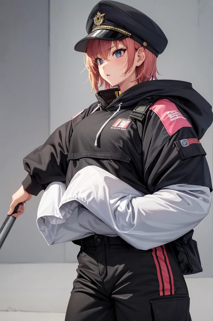 masterpiece, high_quality, 1girl, short_hair, pink_hair, hoodie, cap, black_shorts, medium_breast, mature_woman, simple_background